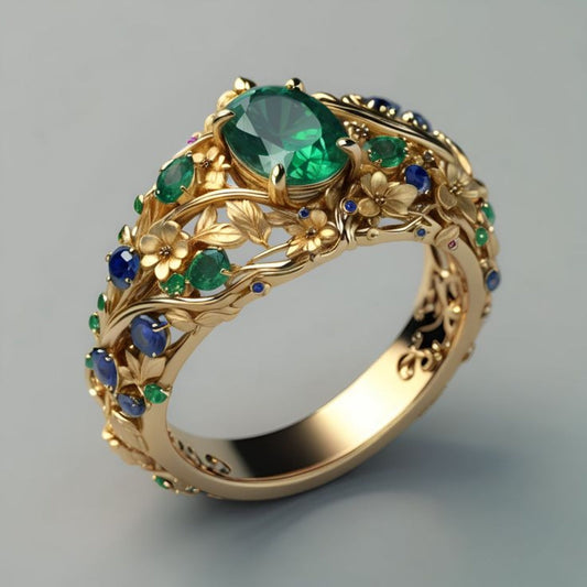 Green & Blue Crystal Gold Ring | Gold 18k